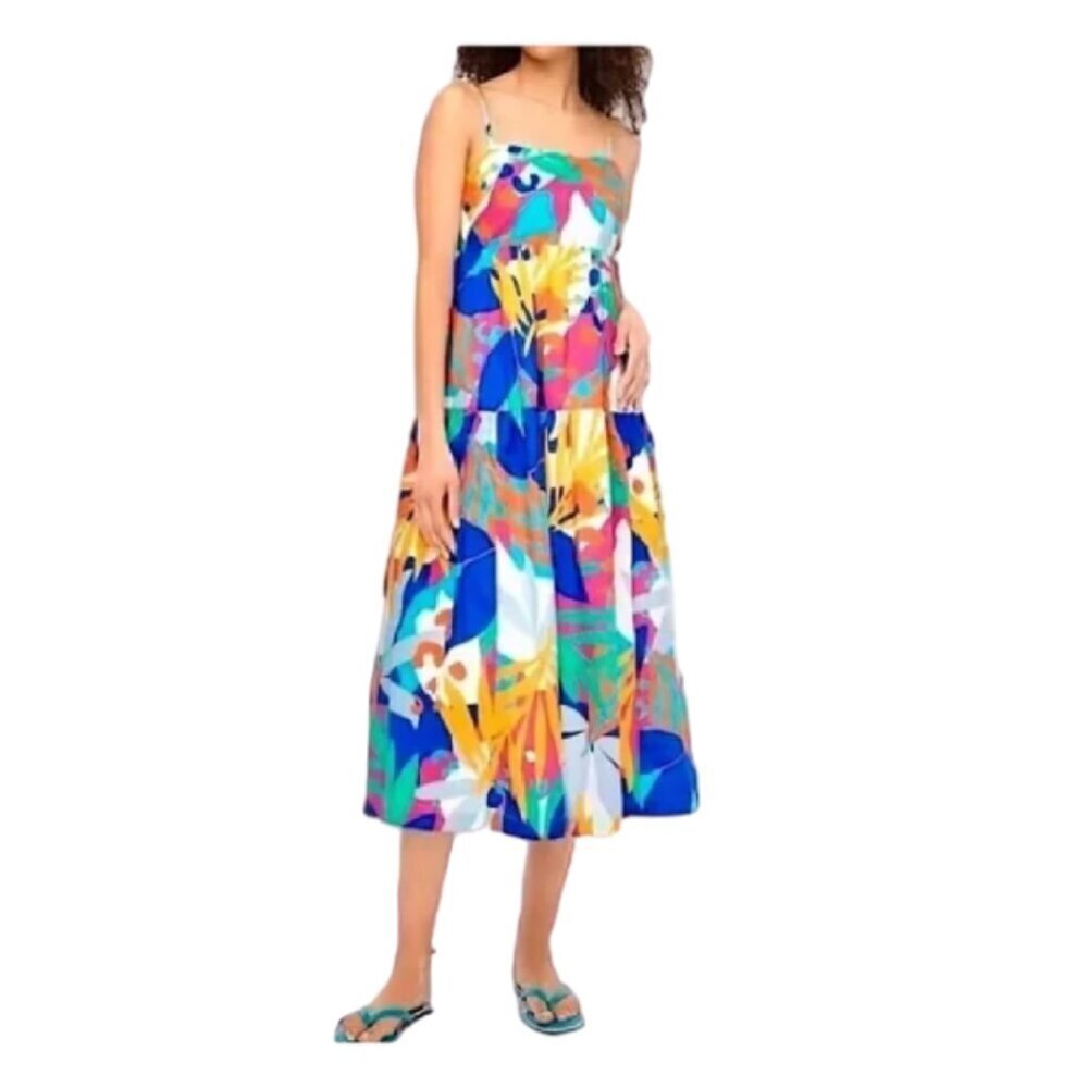 J. Crew‎ Cotton Strappy Tiered Tie-Back Vibrant Tropical Midi Dress Size 6